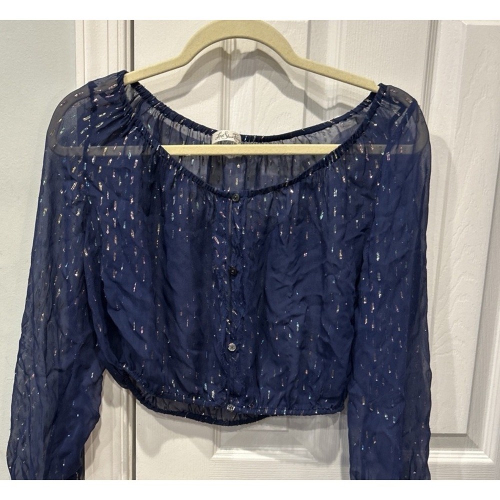 Love Shack Fancy Cropped Sheer Silk Long Sleeve Button Up Blouse Navy Sparkle